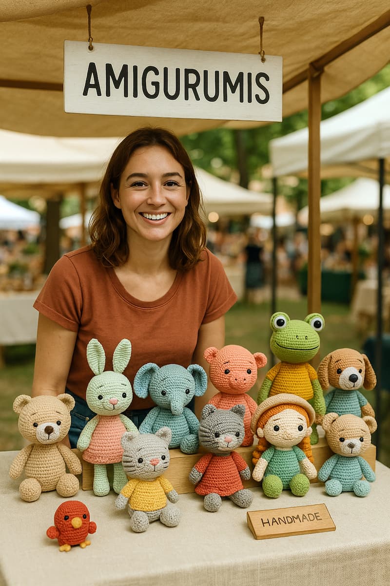 Precio de los amigurumis: Mesa de exhibición con muñecos tejidos a mano de distintos personajes y animales, como osos, conejos, gatos y elefantes. Un cartel en la parte superior dice "AMIGURUMIS" y otro sobre la mesa señala "HANDMADE". La imagen muestra la diversidad de diseños y colores, transmitiendo el valor artesanal y emocional de cada pieza.