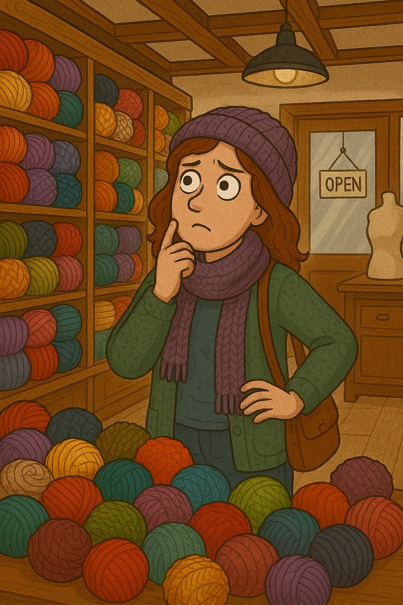 Lana para crochet. Mujer pensativa en una tienda de lanas, rodeada de ovillos de colores, tratando de elegir la mejor lana para empezar a tejer crochet