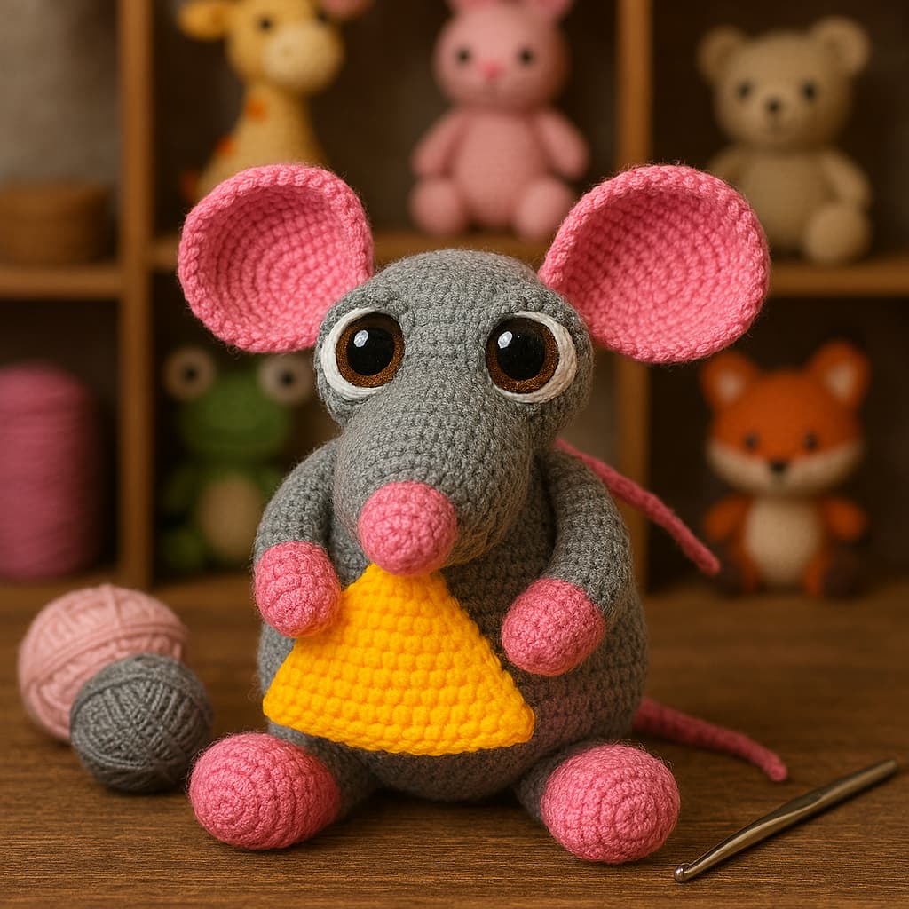 Ratón amigurumi gris tejido a crochet, sentado sobre una mesa de madera en un taller artesanal, rodeado de ovillos de hilo y una estantería al fondo con otros amigurumis como jirafa, conejo, rana y zorro, creando un ambiente cálido y creativo.