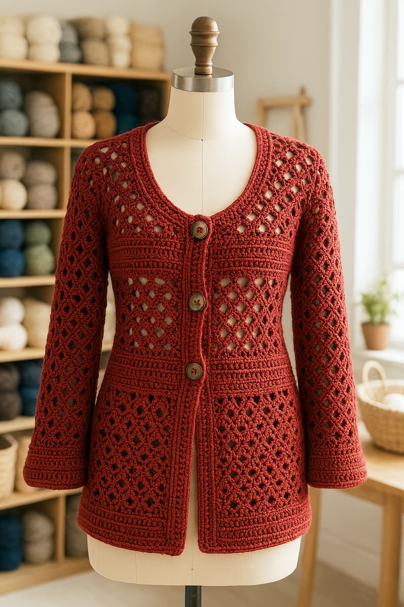 saco artesanal tejido a crochet en tonos cálidos, exhibida sobre un maniquí de madera en un taller luminoso. Al fondo, se aprecian estanterías con ovillos de hilo, texturas suaves y herramientas de trabajo, resaltando el ambiente creativo y acogedor del espacio.