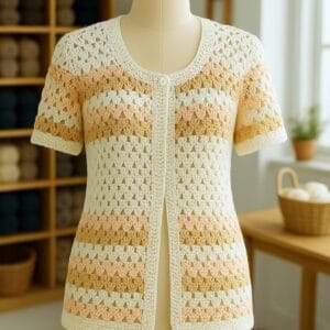 saco clasico tejido a crochet en tonos intensos y cálidos, con textura definida y vibrante, exhibida sobre un maniquí de madera en un taller artesanal bien iluminado. El entorno incluye estanterías con ovillos, detalles textiles y herramientas de tejido, evocando una atmósfera creativa, acogedora y cuidadosamente curada.