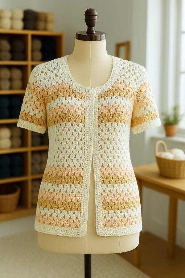 saco clasico tejido a crochet en tonos intensos y cálidos, con textura definida y vibrante, exhibida sobre un maniquí de madera en un taller artesanal bien iluminado. El entorno incluye estanterías con ovillos, detalles textiles y herramientas de tejido, evocando una atmósfera creativa, acogedora y cuidadosamente curada.