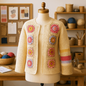 Prenda artesanal de crochet en tonos neutros y cálidos, cuidadosamente colocada sobre un maniquí en un estudio textil luminoso. Al fondo se aprecian estanterías con ovillos de lana, telas y herramientas de tejido, creando un ambiente creativo y acogedor. La luz suave realza la textura del tejido, destacando el detalle del punto y el trabajo manual.