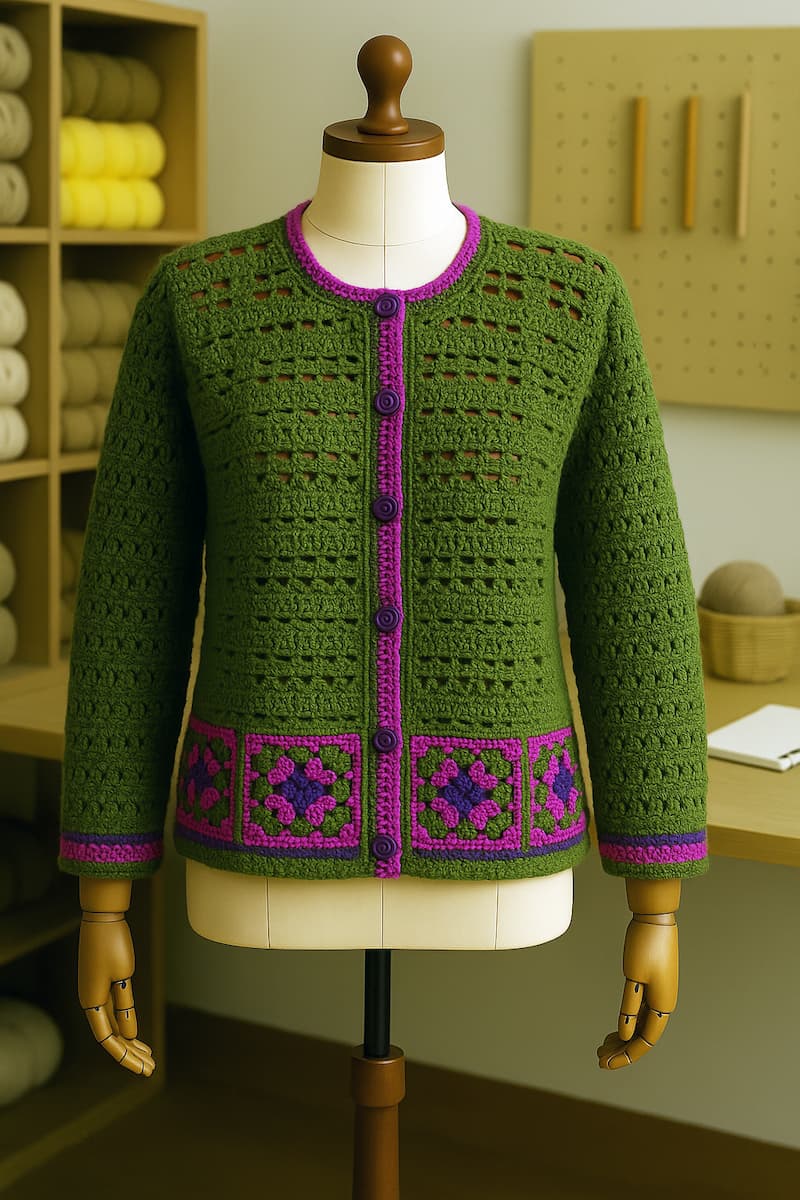 saco verde tejido a crochet con cuadrados en la parte inferior exhibido sobre un maniquí blanco dentro de un taller artesanal de tejidos. Al fondo se aprecian estanterías con ovillos de colores y herramientas de crochet, creando un ambiente creativo e inspirador.