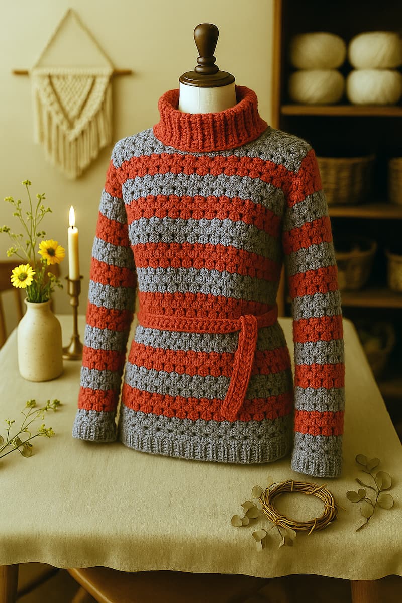suéter bicolor tejido a crochet que está colocado sobre un maniquí blanco de torso, apoyado en una mesa de madera rústica. El entorno es un taller artesanal de tejido, con estanterías al fondo repletas de ovillos neutros, cestas tejidas y herramientas como ganchillos y marcadores de puntada. Una iluminación cálida y focalizada resalta los detalles y la textura del suéter