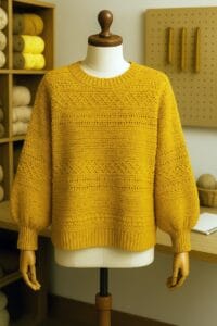 sueter tejido a crochet en color mostaza cálido, colocada sobre un maniquí blanco en un taller artesanal de tejidos. La textura calada de la prenda es visible y uniforme, con detalles decorativos en las mangas y el borde inferior. Al fondo se aprecian estanterías con ovillos, hilos y herramientas de tejido, enmarcando un ambiente cálido e inspirador.