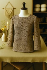 suéter de crochet color Mocha Mousse con puntadas definidas está colocado sobre un maniquí blanco sobre una mesa de madera rústica. Al fondo se ve un taller artesanal de tejidos con estanterías llenas de ovillos neutros, cestas tejidas y ganchillos. Una iluminación cálida y focalizada resalta la textura y el color de la prenda.