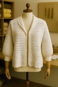 saco tejido a crochet en color blanco puro, con escote en V y cierre con cordón frontal, exhibida en un maniquí blanco dentro de un taller artesanal de tejidos. Se aprecian puntos calados y sólidos que realzan la textura, mientras al fondo estanterías con ovillos, hilos y herramientas evocan un ambiente creativo y acogedor.
