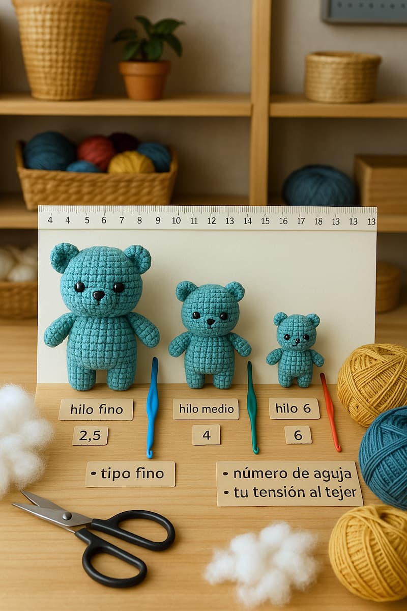 tamaño final de un amigurumi: Taller artesanal con mesa de trabajo donde se teje un conejo blanco a crochet. A su alrededor hay amigurumis terminados, como un oso marrón, un conejo rosa y un zorro naranja, junto a ovillos de lana, tijeras y ganchillos. La escena transmite cómo el tipo de hilo, herramientas y técnica influyen en el tamaño final del amigurumi, destacando el proceso creativo en un entorno cálido y organizado.