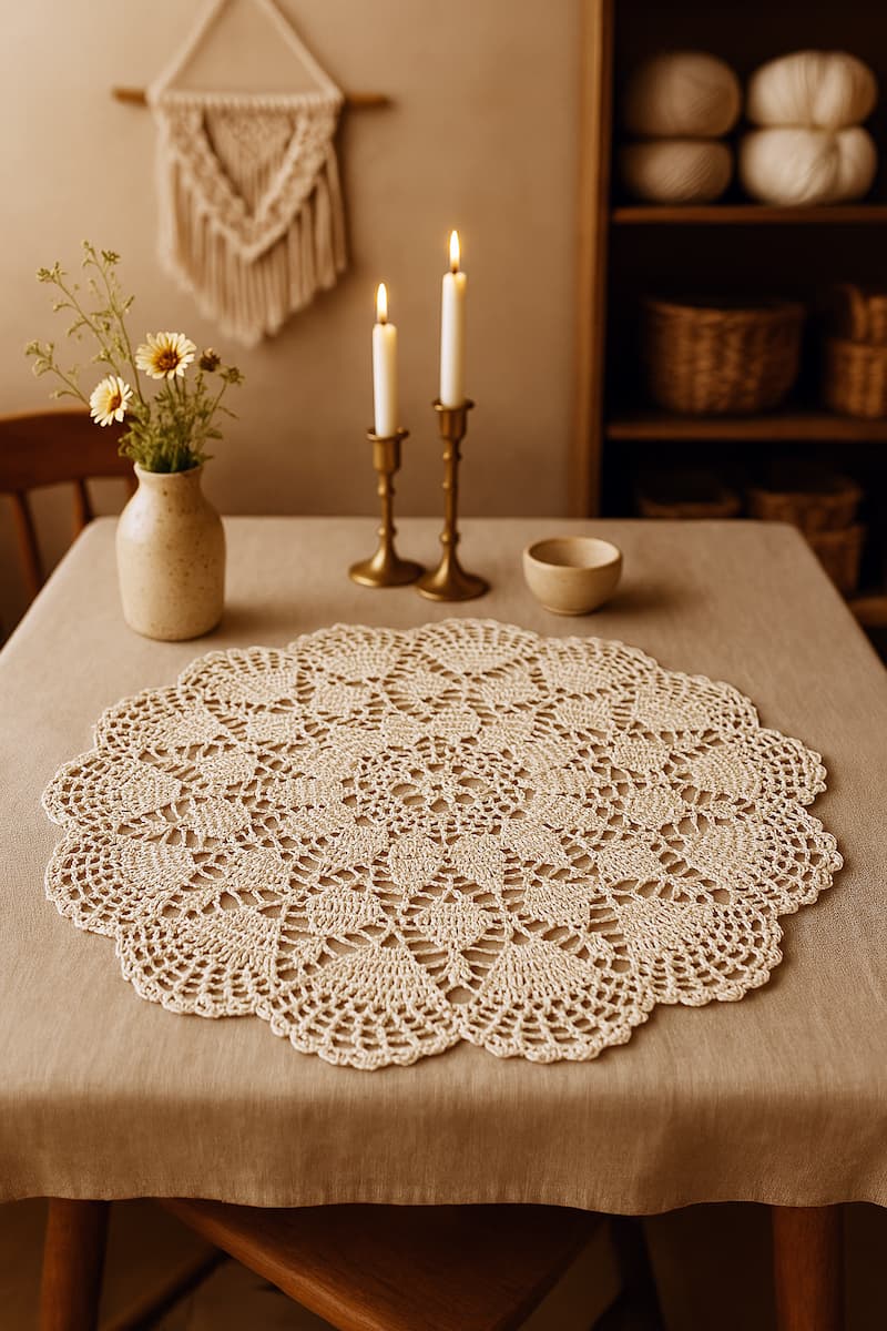 Un tapete redondo a crochet en tono beige claro ocupa el centro de una mesa de madera rústica, iluminado por una luz cálida que resalta sus puntos entrelazados. Alrededor reposan ordenados ovillos de hilo, ganchillos metálicos y marcadores de puntada. Al fondo se aprecian estanterías llenas de ovillos neutros, cestas tejidas y herramientas de tejido, evocando un taller artesanal dedicado al crochet.