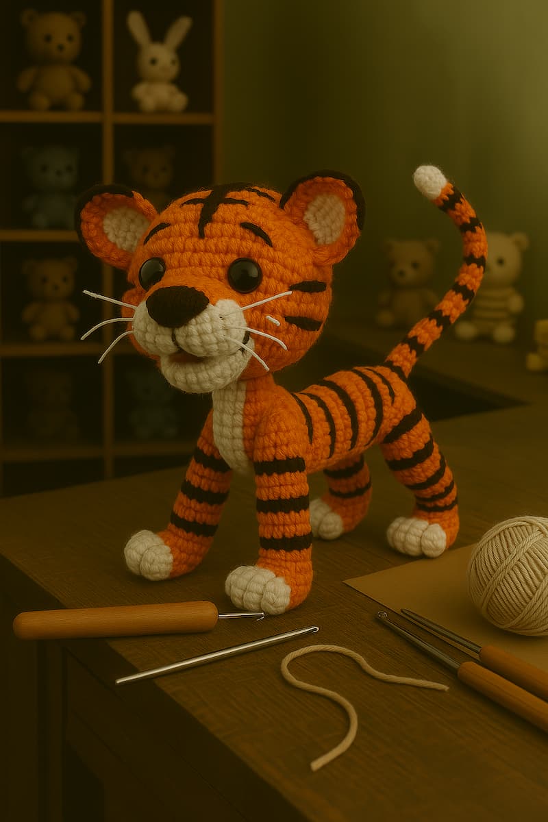 tigre amigurumi sobre una mesa de un taller de tejidos artesanales de amigurumis