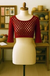 Top tejido a crochet en color rojo cereza, colocado sobre un maniquí dentro de un estudio textil artístico. Las mangas fueron reducidas hasta la altura de la cintura, aportando un estilo moderno y desestructurado. Sin cinturón, la prenda fluye libremente, destacando su textura abierta tipo red. El entorno muestra estanterías con ovillos, herramientas de tejido y telas, en un ambiente luminoso y creativo que realza la intensidad del color y el trabajo manual.