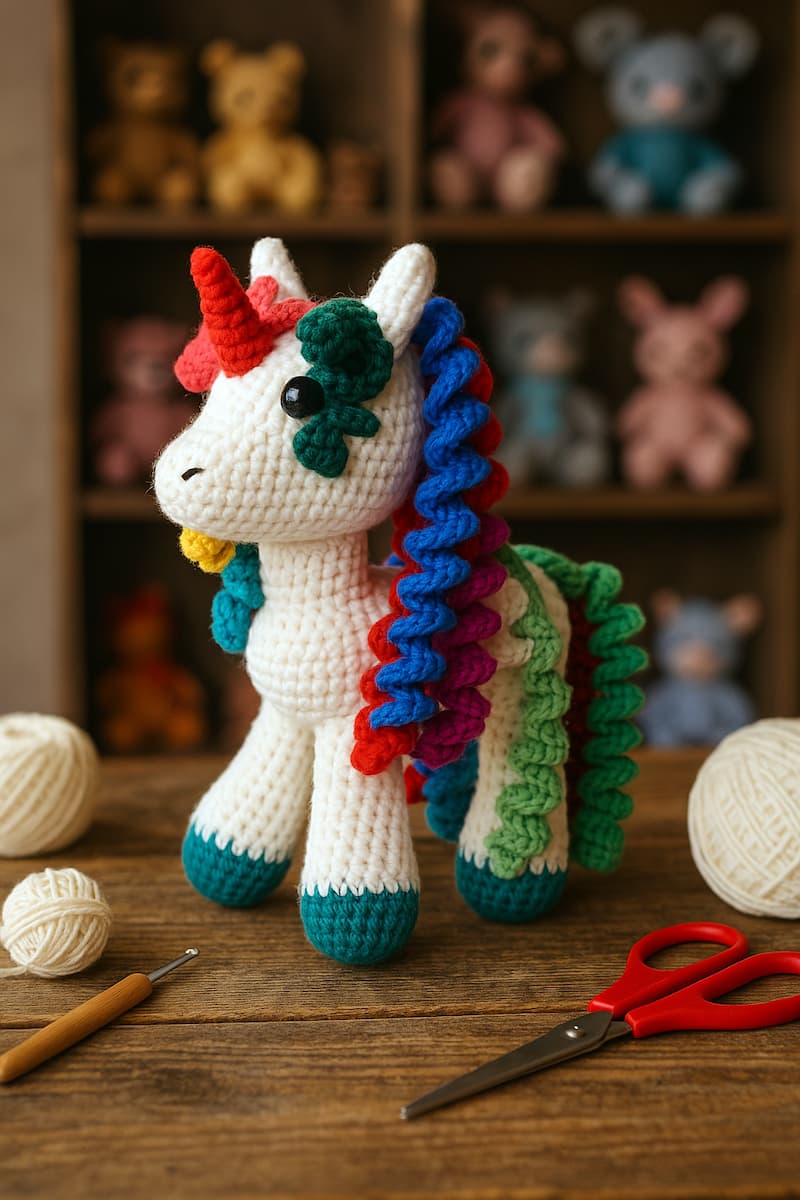 unicornio amigurumi con puntadas definidas descansa sobre una mesa de madera rústica. A su alrededor se ven ovillos de hilo en tonos pastel, ganchillos metálicos, tijeras de costura y marcadores de puntada. Al fondo, una estantería de madera muestra varios amigurumis terminados en colores suaves, como conejos rosa, ositos beige y zorritos amarillos, todos iluminados por una luz cálida que resalta la textura delicada del tejido.”