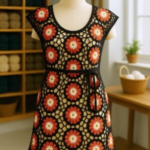 vestido optico tejido a crochet en tonos profundos y armoniosos, exhibida sobre un maniquí de madera en un taller artesanal inundado de luz natural. Los colores vibrantes y la textura rica de la prenda destacan entre detalles textiles, ovillos y mobiliario de madera, generando una atmósfera serena, creativa y auténticamente artesanal