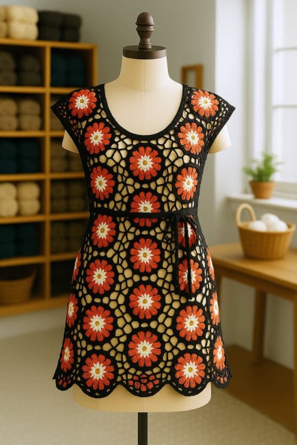 vestido optico tejido a crochet en tonos profundos y armoniosos, exhibida sobre un maniquí de madera en un taller artesanal inundado de luz natural. Los colores vibrantes y la textura rica de la prenda destacan entre detalles textiles, ovillos y mobiliario de madera, generando una atmósfera serena, creativa y auténticamente artesanal