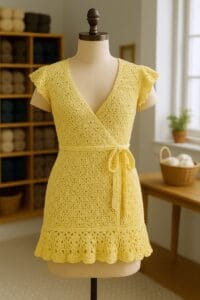 vestido tejido a crochet en tono amarillo mantequilla, expuesto sobre un maniquí de madera en un taller artesanal luminoso. La textura suave y definida de la prenda resalta bajo la luz natural, rodeada de detalles textiles como ovillos, herramientas y muebles de madera que evocan un ambiente cálido, sereno y creativo.