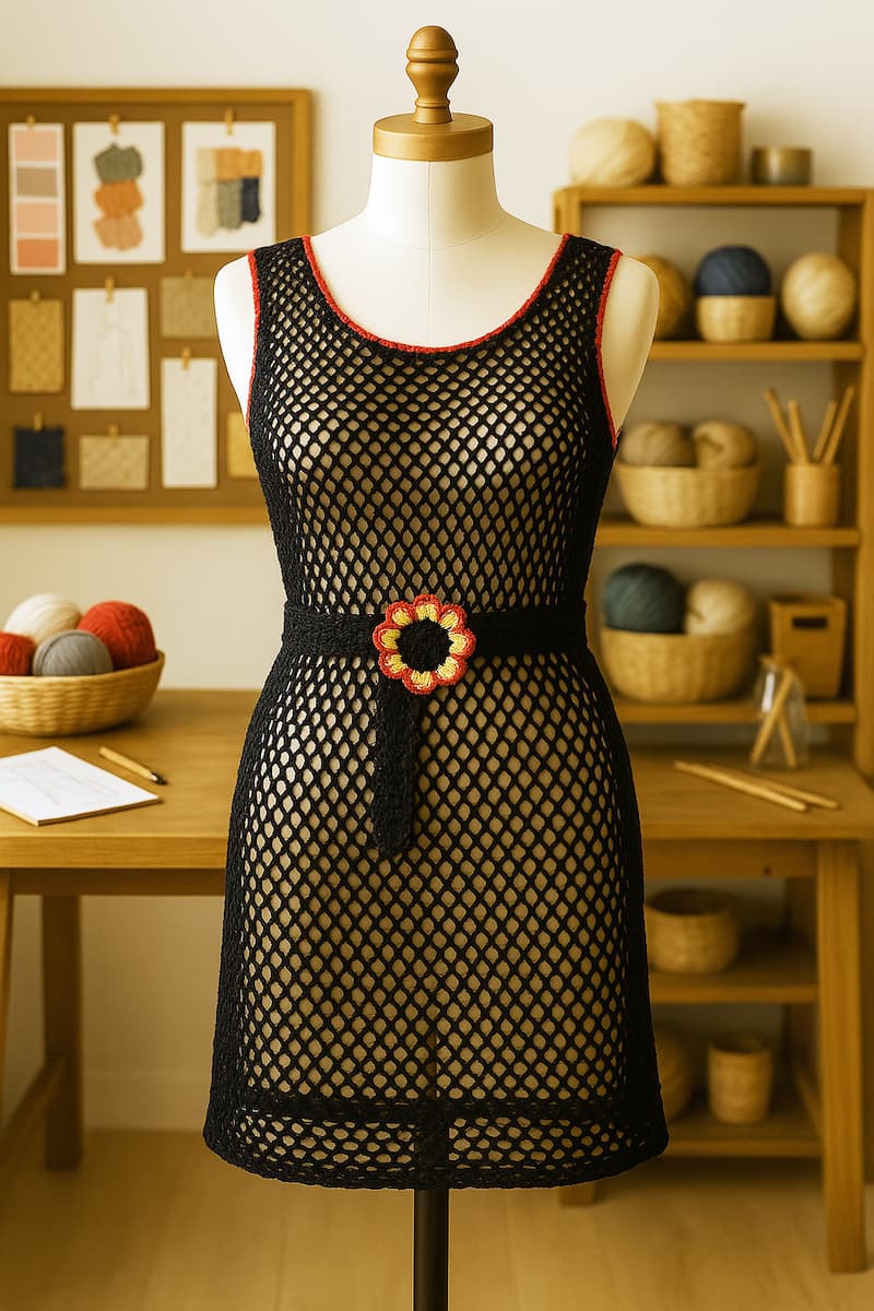 vestido en punto red tejido en crochet en tono negro profundo, exhibido sobre un maniquí dentro de un estudio artístico de tejidos. El entorno incluye estanterías con ovillos de lana, telas, herramientas de trabajo y pinceladas de color que transmiten creatividad. La luz suave y difusa resalta la textura abierta del punto red, destacando la calidad del tejido y el contraste con el fondo.