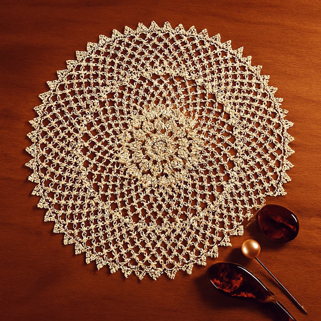 Tapete de ganchillo redondo beige de 32 cm sobre tocador, detalle de patrón abierto y delicado tejido a crochet.