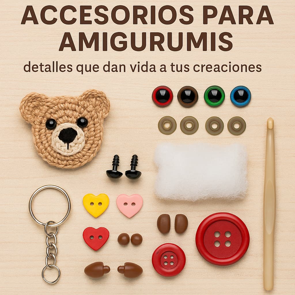 Imagen con accesorios para amigurumis: ojos de seguridad, narices, botones, relleno, llavero y ganchillo sobre fondo de madera clara.