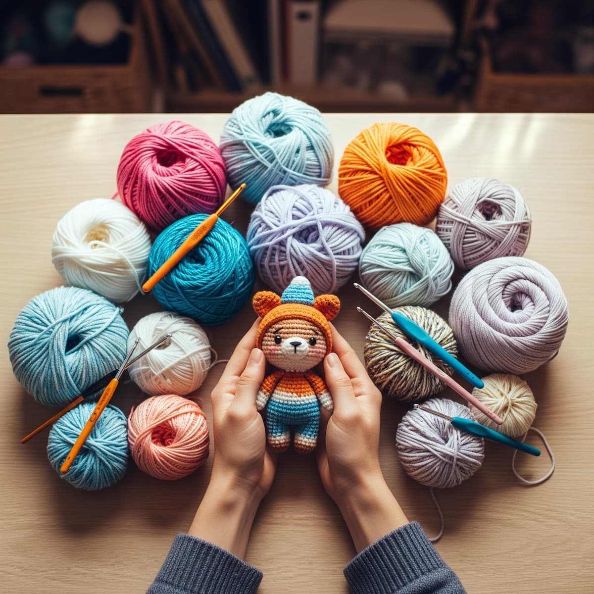 Manos sosteniendo un pequeño amigurumi de osito de crochet, rodeado de varios ovillos de hilo para amigurumis de diferentes colores y ganchillos, sobre una mesa de madera.