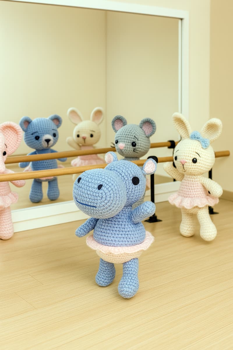 Hipopótama amigurumi con tutu rosa en una clase de ballet junto a otros muñecos tejidos a crochet como conejo, oso y ratón