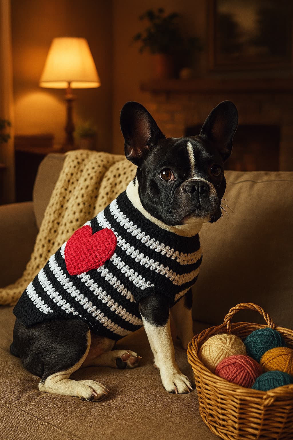 Perro pequeño sentado en un sofá acogedor, usando una capa para perros tejida a crochet con rayas blancas y negras y un corazón rojo, junto a una cesta con ovillos de lana en una sala de estar cálida y artesanal.