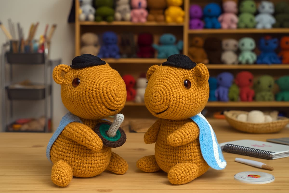 Dos carpincho amigurumi de carpincho con boina negra y capa azul posan sobre una mesa de madera, rodeados de materiales creativos y figuras tejidas coloridas. Uno sostiene una pipa tejida, evocando una escena artística y entrañable en un taller de crochet.