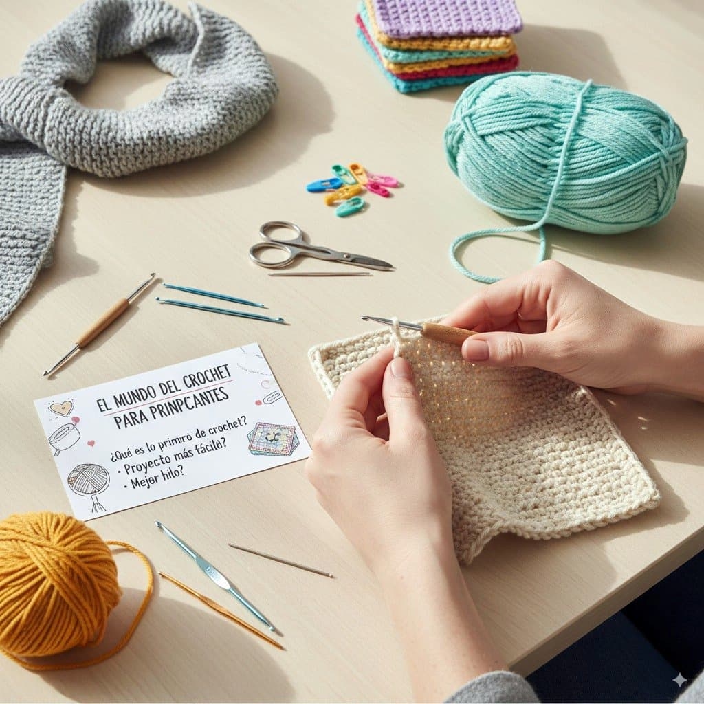 vista aérea de una mesa de trabajo con las manos de una persona tejiendo a crochet un cuadrado de color crema. A su alrededor hay ovillos de hilo de colores (amarillo, turquesa), ganchillos de crochet de varios tamaños y materiales (metal, madera), tijeras y marcadores de puntos. También se ve una bufanda tejida gris y un conjunto de cuadrados de colores apilados. Hay una tarjeta de notas en la mesa con el título 'El mundo del crochet para principiantes' y preguntas sobre qué tejer primero, el proyecto más fácil y el mejor hilo.