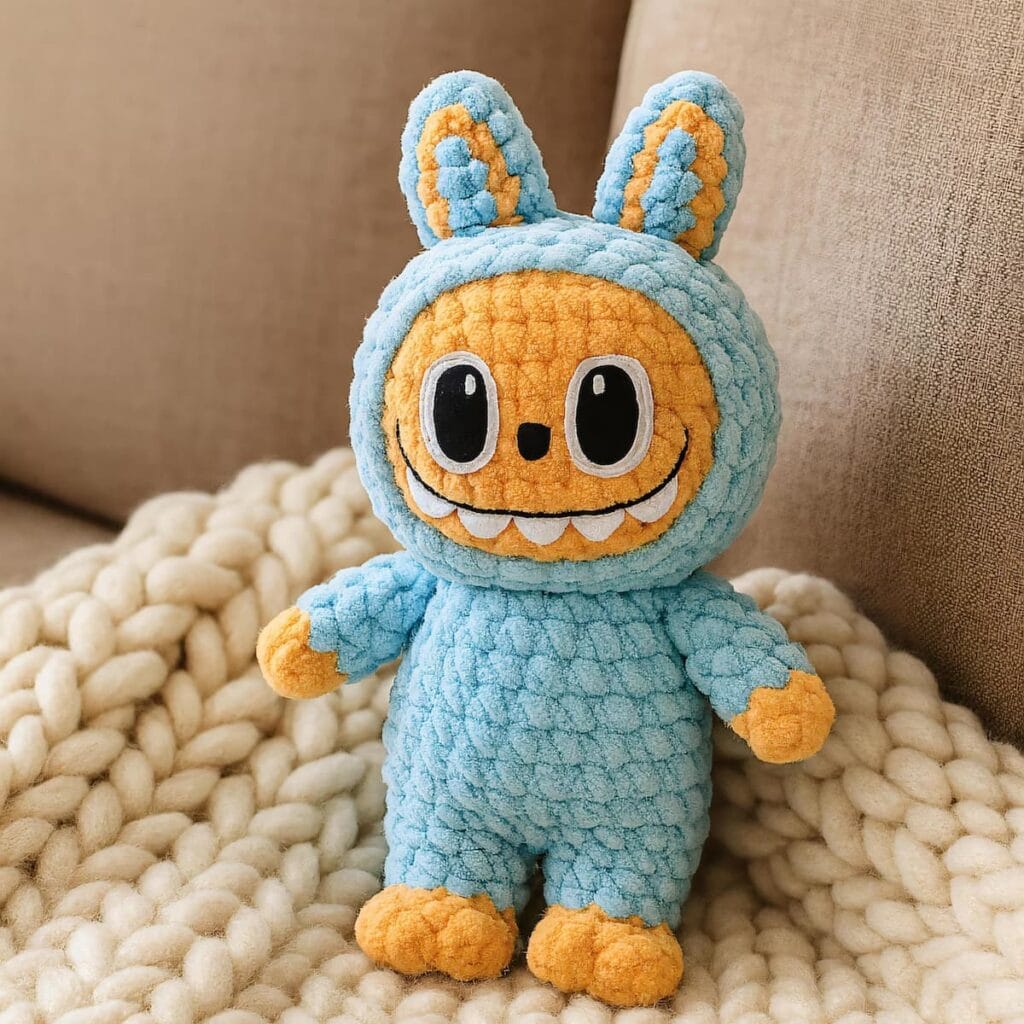 Muñeco amigurumi de Labubu tejido a crochet con lana aterciopelada en colores celeste y naranja, sentado sobre una manta gruesa de punto.