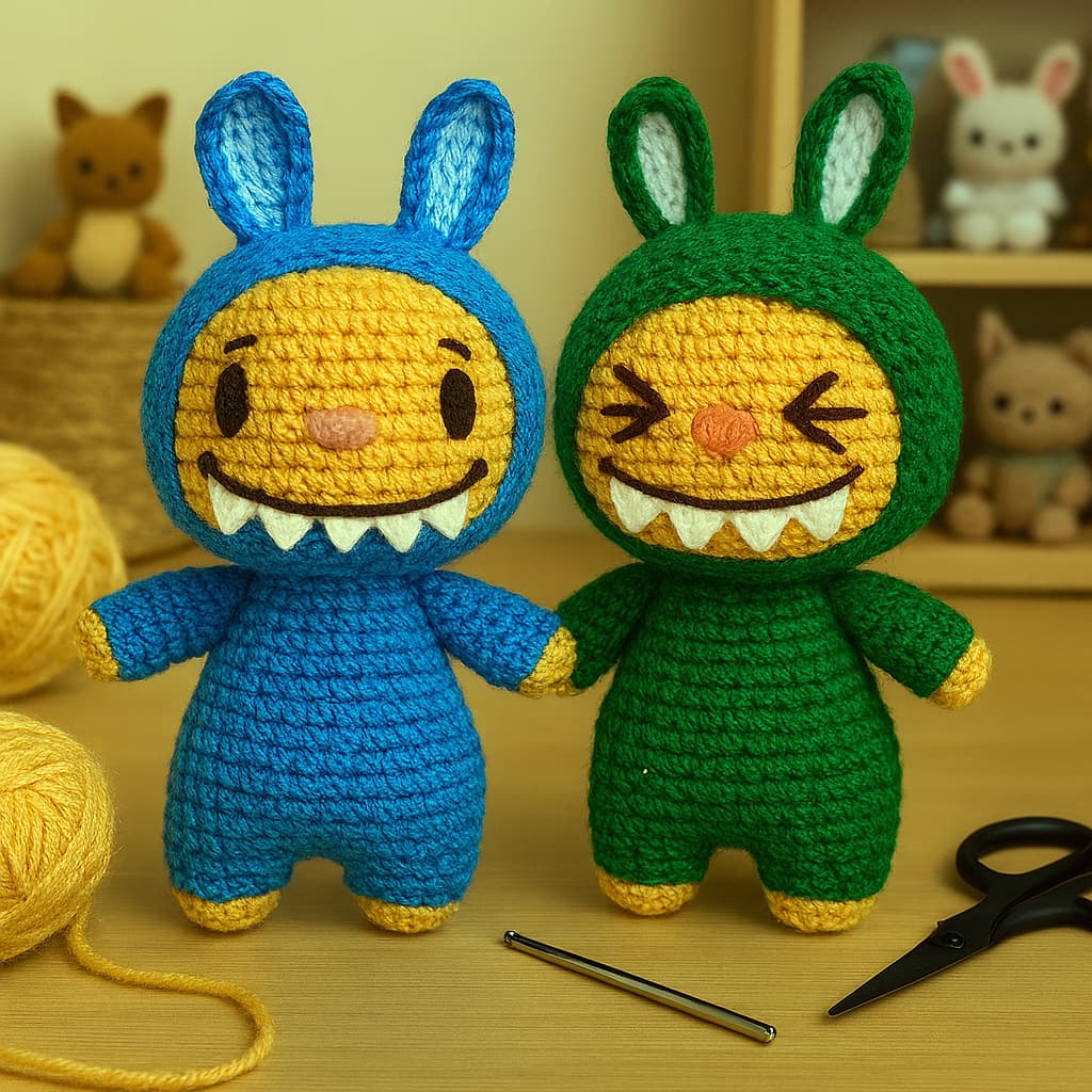 Dos muñecos de labubu amigurumi tejidos a crochet posan tomados de la mano sobre una superficie de madera clara. El personaje de la izquierda viste un traje azul con orejas de conejo y muestra una gran sonrisa con cuatro dientes blancos. El personaje de la derecha lleva un traje verde con orejas de conejo y una expresión alegre con ojos cerrados en forma de dos líneas oblicuas y una recta central, además de una sonrisa con dos dientes visibles. Ambos tienen rostros naranja con detalles bordados. Alrededor hay ovillos de lana, tijeras y una aguja de crochet, en un entorno cálido y artesanal