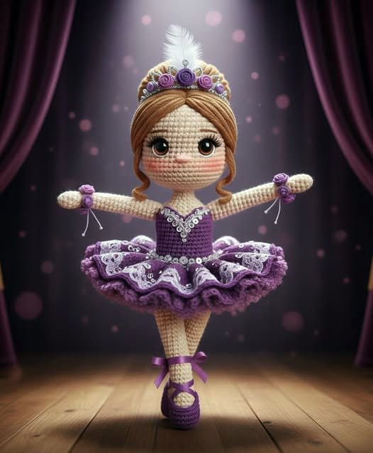 patron gratis de bailarina amigurumi violeta en escenario