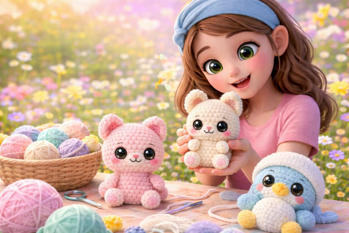 Escena kawaii al aire libre: niña con cinta azul sostiene amigurumi mientras crea otros peluches tejidos sobre mesa rodeada de flores y ovillos pastel.