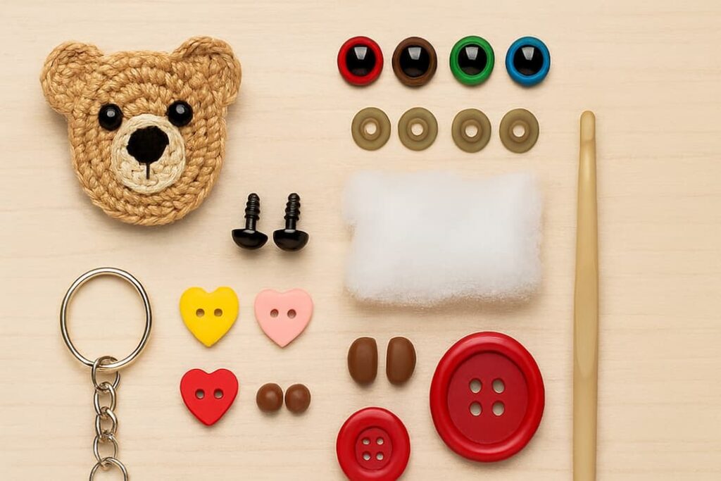 Crafting accessories for a crocheted bear keychain: includes a bear head, safety eyes, buttons, stuffing, crochet hook, keychain ring, and small decorative pieces arranged on a light wooden surface.