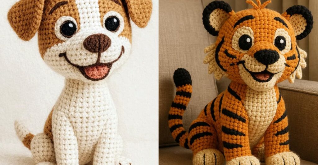 Two crocheted plush animals—a dog and a tiger—side by side on a light wooden surface, featuring expressive eyes, smiling mouths with pink tongues, and detailed stitching. Perfect for handmade toy lovers and amigurumi enthusiasts.