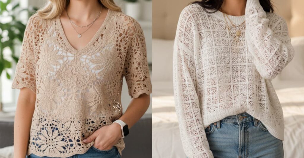 Two handmade crochet tops modeled side by side: one beige with floral motifs and scalloped edges, the other white with a grid-like pattern—both paired with jeans and layered necklaces, showcasing artisan fashion.