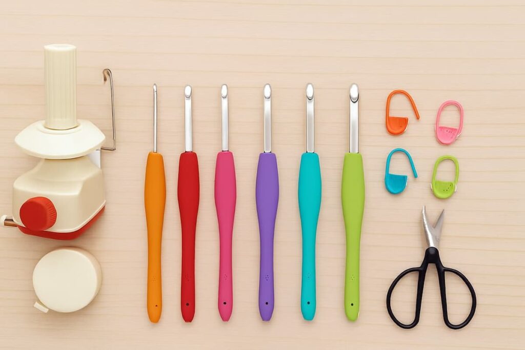 Crochet tool set arranged on a light wooden surface, featuring a yarn winder, six colorful ergonomic hooks, five plastic stitch markers, and black-handled scissors—ideal for organized and creative crafting.