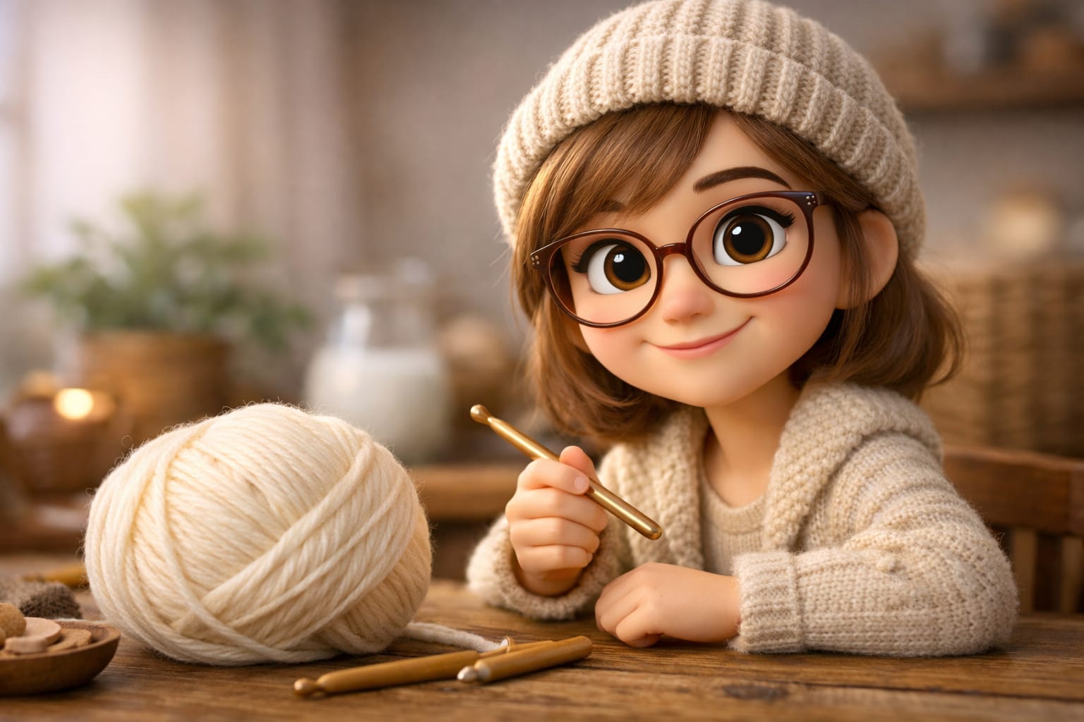 Personaje animado con gorro tejido y gafas redondas, sentado en una mesa de madera con ambiente acogedor, sosteniendo una aguja de crochet dorada junto a ovillos de lana y materiales artesanales, con fondo difuminado que incluye velas, planta y frasco de leche.