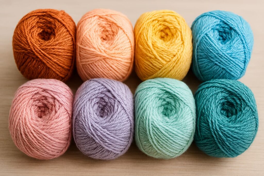 Eight colorful cotton yarn balls arranged on a light wooden surface, featuring shades of orange, peach, yellow, turquoise, pink, lavender, mint green, and teal. Ideal for crochet or knitting projects.