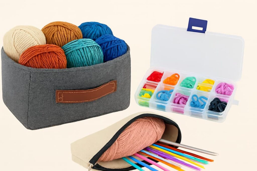 Craft storage solutions for knitting and crochet: a gray felt basket with colorful yarn balls, a transparent organizer box with multicolored stitch markers, and a beige zippered pouch holding pink yarn and rainbow crochet hooks.