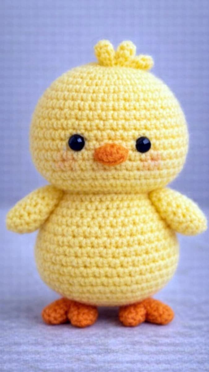 Pintinho amigurumi passo a passo para iniciantes feito de crochê em fio amarelo com bico e patinhas laranjas sobre fundo cinza.