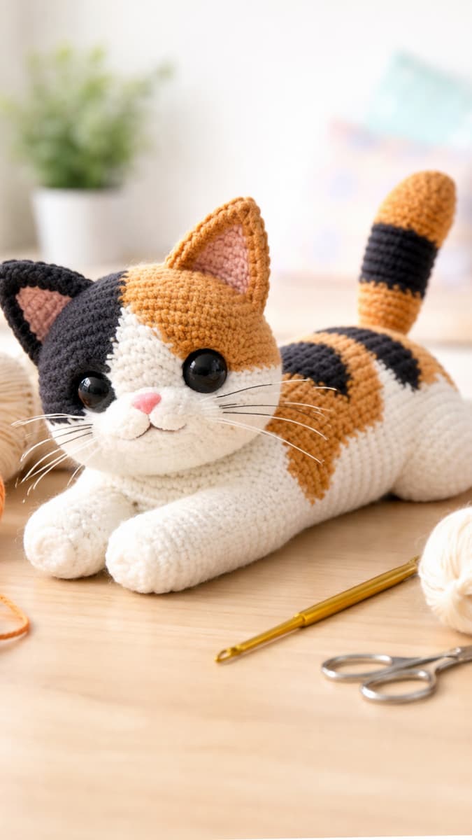 Amigurumi Cat Pattern crochet plush toy with orange patches, yarn balls and crochet hook.