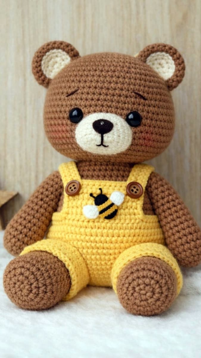 amigurumi bear pattern with overalls and bee