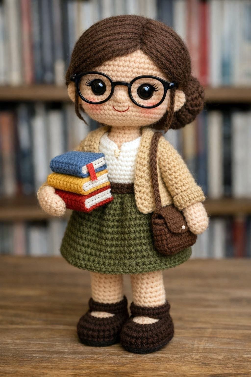 bibliotecária amigurumi em crochê