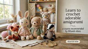 Crochet amigurumi animals on craft table promoting crochet course