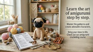 Crochet amigurumi pug on craft table with yarns and crochet tools