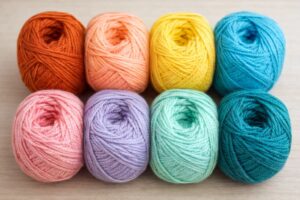 Colorful yarn balls in shades of pink, blue, green, yellow, and orange