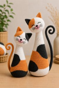 Crochet cat pattern featuring adorable calico amigurumi cats with tilted heads and curled spiral tails.