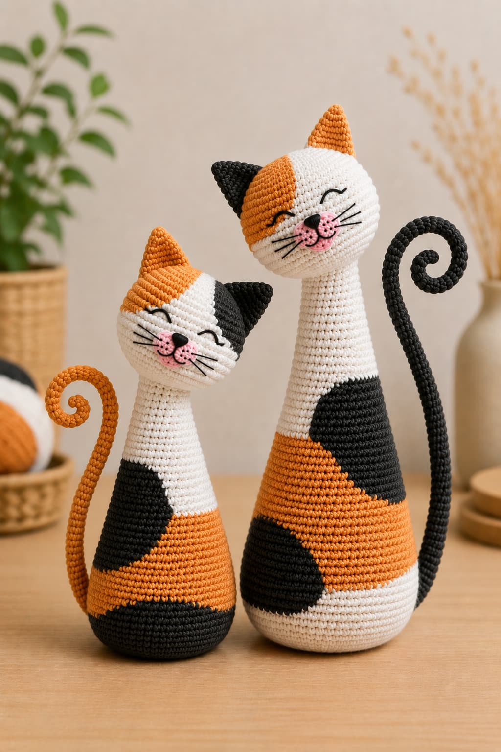 Crochet cat pattern featuring adorable calico amigurumi cats with tilted heads and curled spiral tails.
