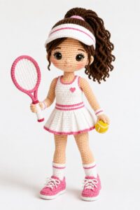 Amigurumi tennis doll holding a racket and tennis ball wearing a white dress and pink sneakers