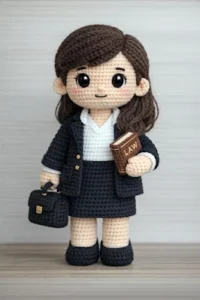 **Cute lawyer amigurumi doll in a black business suit holding a law book and briefcase, crocheted by hand**